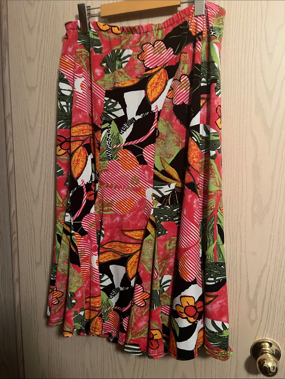 Vibrant Coral Tropical Circle Skirt with Green Accents